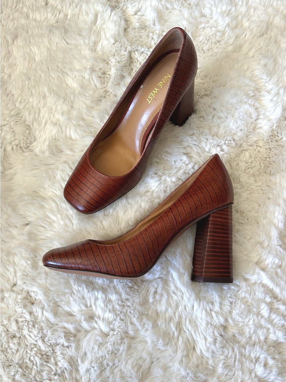 Nine West Women's Brown Croc-Embossed Block Heel Pumps 70s style